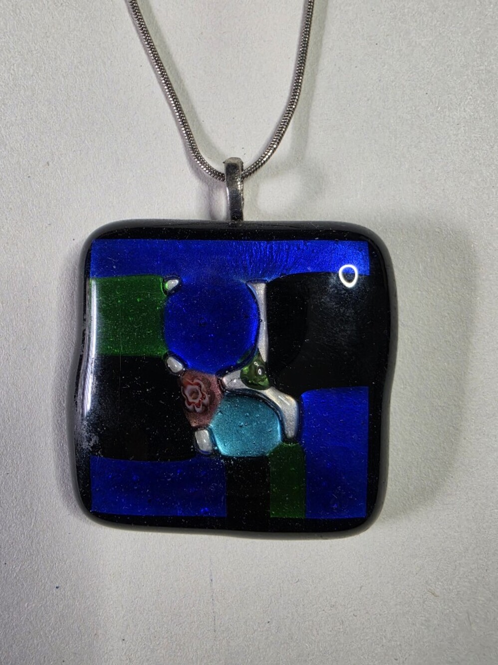 Glass /acrylic Pendant Necklace - Blue, Green & Black Fused Glass